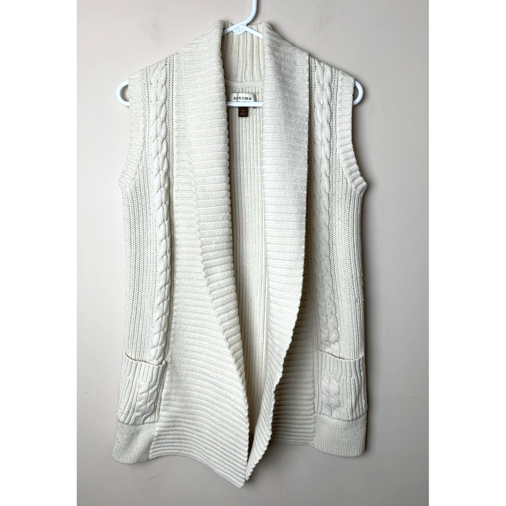 Sonoma Chunky Ribbed Cable Sweater Vest Womens Medium Cream Ivory Fisherman